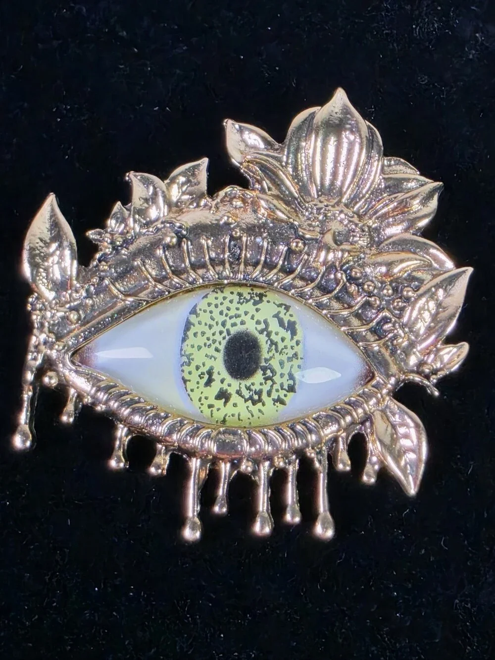 Gold Eyeball Brooch Pin with Yellow-Green Iris